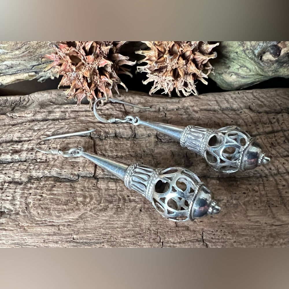 Bali 925 Sterling Silver Hook Drop Earrings Dangle Cone Lamp Open Work Filigree